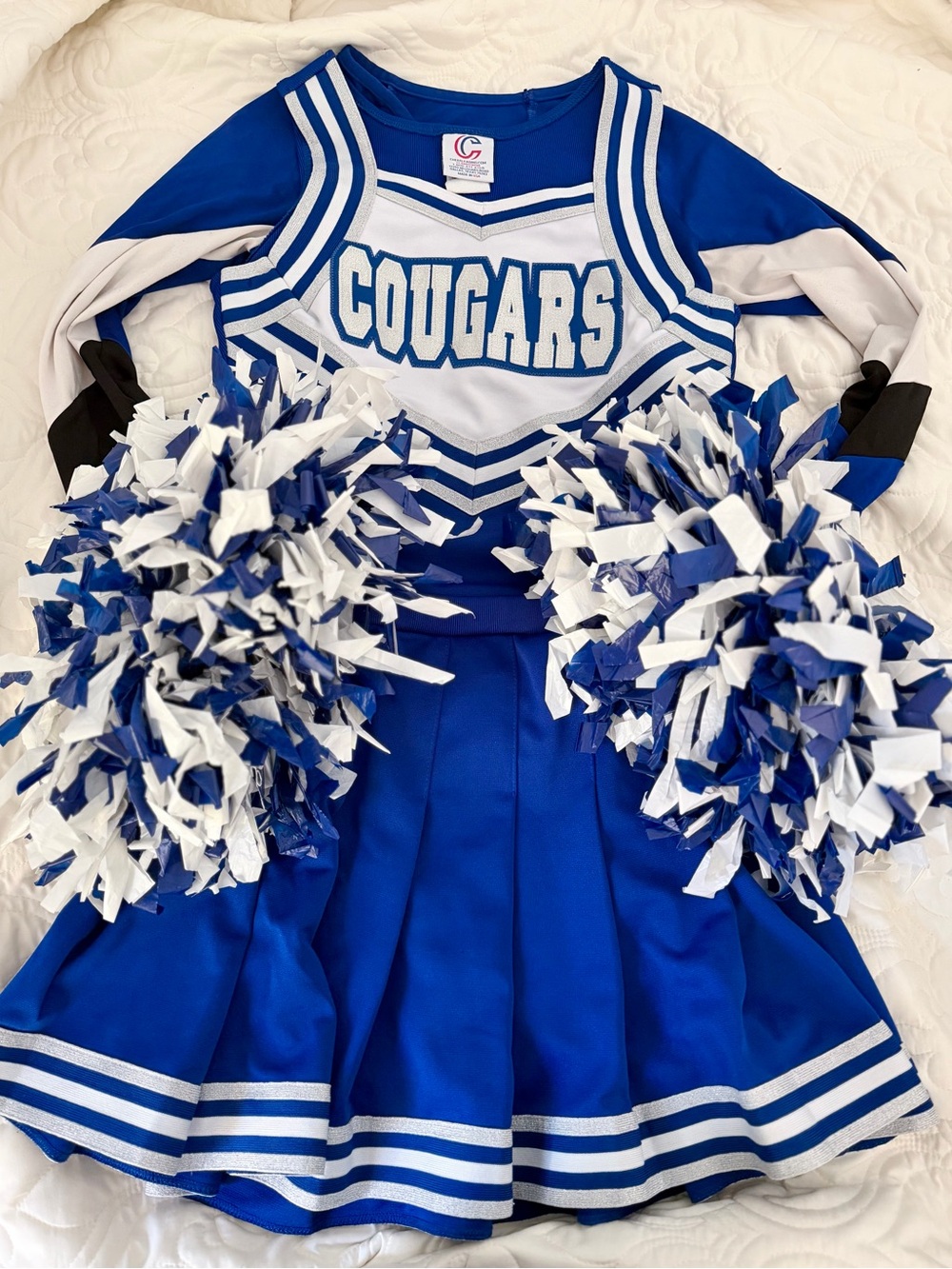 Authentic Cougars Cheerleader Uniform Set Skirt Top 2 Liners Pom Poms Medium